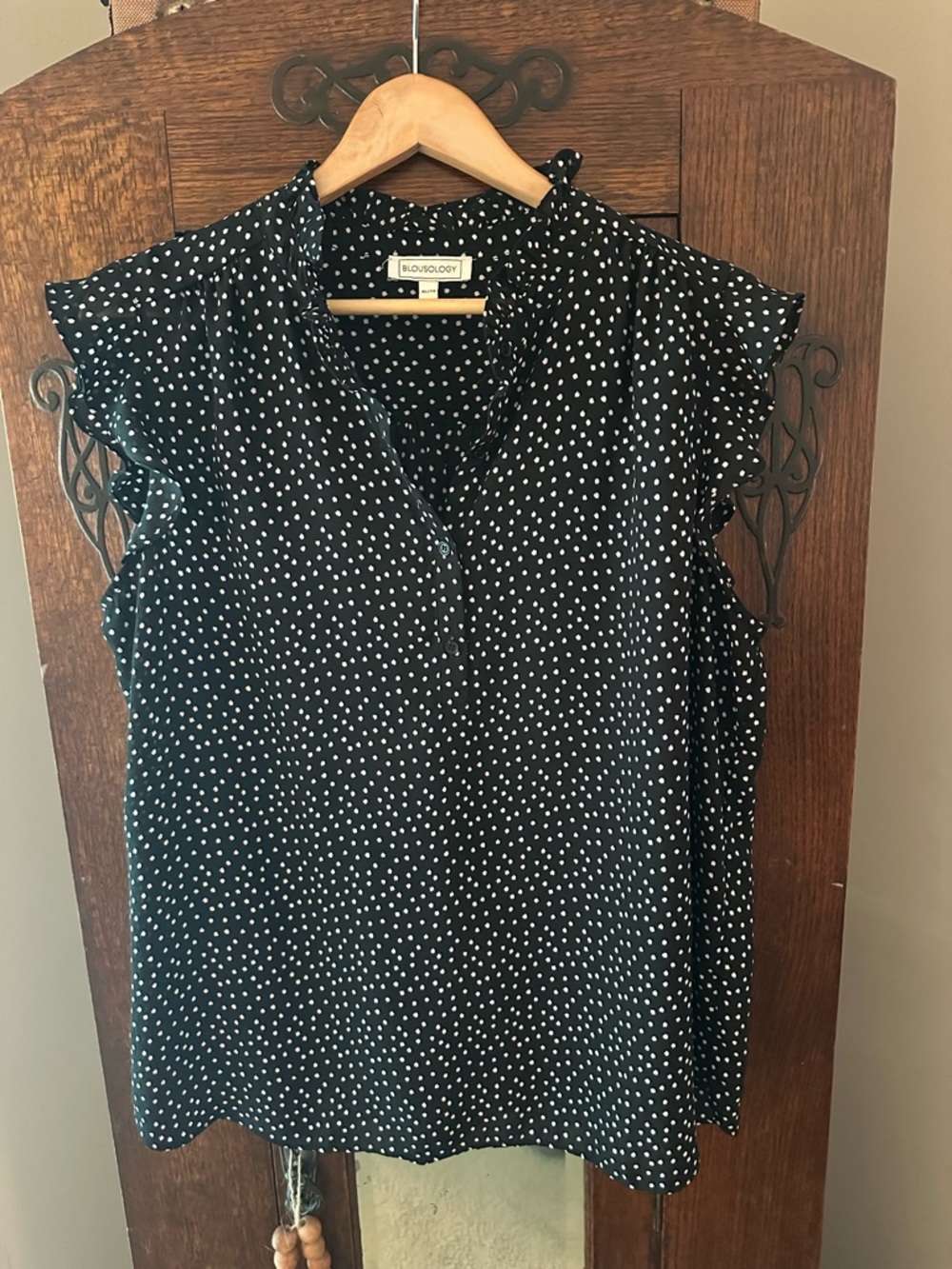 Black Polka Dot Flutter Sleeve Blouse Size XL